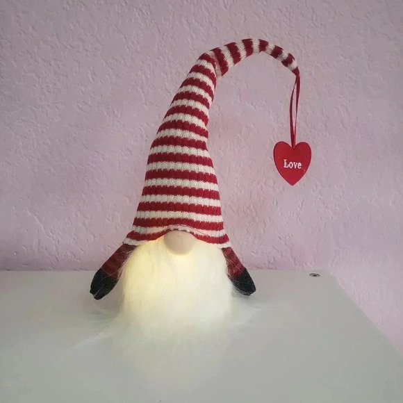 Red Stripped Hat w/LOVE Light Up Gnome - Picture 2 of 2